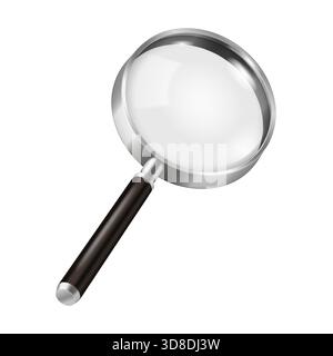 Realistic rendering of a magnifying glass with a metallic frame and handle used for close examination of objects or documents in various tasks. Stock Vector