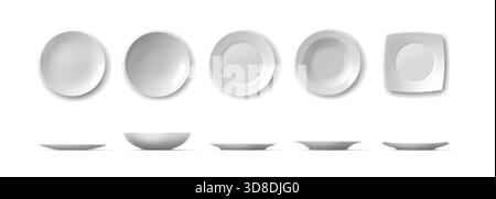 Collection of diverse plate shapes in white on a simple background. Each plate is distinctly styled showcasing modern tableware design. Ideal for culi Stock Vector