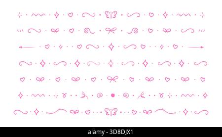 Line divider, cute border hand drawn elements separator. Set geometric doodle frames with bows, hearts, moon. Stars and geometric shapes. Lace horizontal decoration. Vector illustration Stock Vector