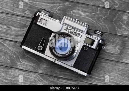Georgievsk, Stavropol Krai, Russia – November 26, 2025: Soviet film rangefinder camera Kyiv. Old analog camera Stock Photo