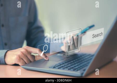 Artificial intelligence and technology concept.Man uses AI to find and solve creative problems. Conversation with creative AI chatbot assistant. Stock Photo