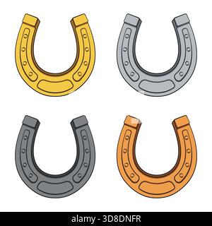 Set of color illustrations horseshoes. Isolated vector objects on white background. Stock Vector