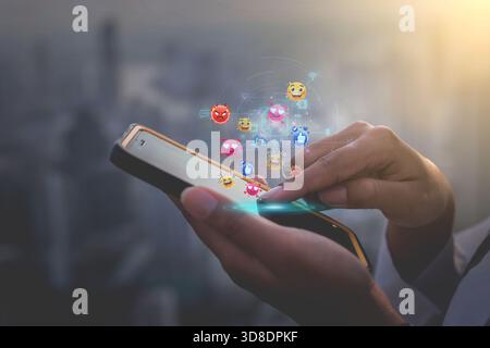 Young woman using phone, smart social media concept, social media, social networking concept with smartphone. Stock Photo