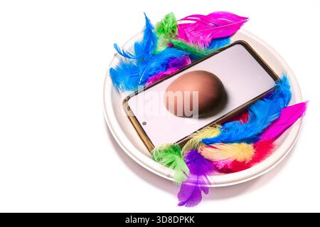An egg inside a mobile phone, surrounded by colorful feathers like a nest. Stock Photo