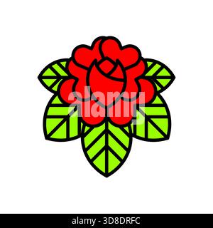 Red rose vector icon, ideal for tattoo design. Simple, bold floral graphic with green leaves, symbolizing love, beauty, or remembrance. Stock Vector
