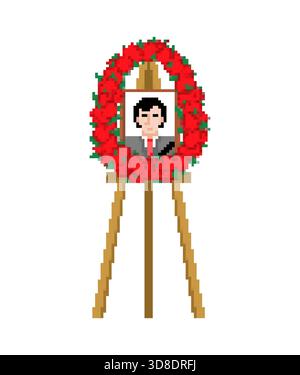 Pixel art funeral wreath with photo. 8-bit retro style memorial icon of red roses and a portrait. Digital game asset or vintage design for loss and re Stock Vector