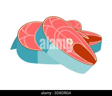 Freshly cut pink fish steaks (salmon or tuna) for cooking. Healthy food and seafood vector illustration. Stock Vector