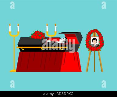 Open black coffin with red lining, portrait, and candles on a stand. Simple vector illustration of a funeral ceremony setting. Stock Vector