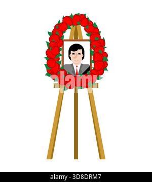 Funeral wreath with a portrait photo. Memorial tribute of red roses on a stand. Isolated vector icon for obituary, condolence cards, or memorial servi Stock Vector