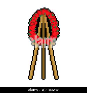 Pixel art red rose wreath on a stand. 8-bit retro icon for memorial, funeral, or vintage game design. Stock Vector
