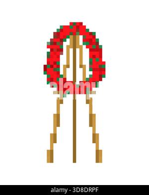 Pixel art funeral wreath on a stand. 8-bit retro icon of red roses for a memorial service. Digital asset for game design, vintage projects, or pixelat Stock Vector