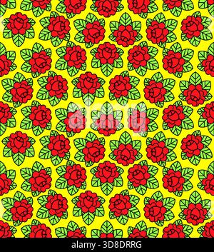 Seamless rose pattern in a bold tattoo style. Vibrant floral vector texture with red and yellow roses, perfect for edgy fabric or fashion backgrounds. Stock Vector