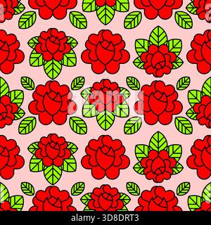 Seamless pattern of red roses tattoo designs. Bold floral vector texture for fabric, digital backgrounds, or edgy fashion. Stock Vector