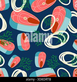 Seamless pattern with fish steaks (salmon/tuna) and sliced red onions on a dark background. Culinary and healthy food design. Stock Vector