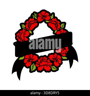 Red rose floral wreath with a black ribbon banner. Simple vector icon symbolizing mourning, tribute, loss, or memorial service. Stock Vector