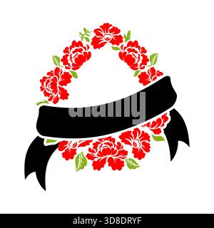 Densely packed red rose floral wreath with a black ribbon banner. Detailed vector icon symbolizing mourning, deep tribute, or a solemn memorial servic Stock Vector