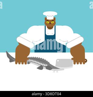 Cat chef character cutting fish on a board. Cute vector illustration for culinary blogs, pet food, or restaurant branding with an animal theme. Stock Vector