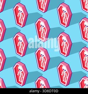 Seamless pattern pink coffins with skeletons on a blue background. Quirky goth or Halloween print design. Stock Vector