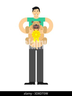 Happy owner proudly holding his dog, the winner of a pet competition. Flat design concept for dog shows, awards, and companionship. Stock Vector