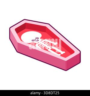 Cute pink coffin with skeleton inside. Kawaii vector illustration of a sweet casket for gothic, Halloween, or quirky pattern design. Stock Vector