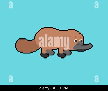 Platypus  8-bit pixel art. 8-bit Cute retro animal icon on a light blue background. Stock Vector
