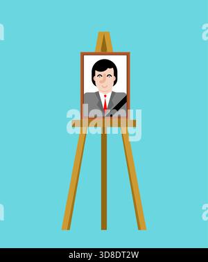 Funeral portrait on an easel with a black ribbon. Photo frame on a stand for a memorial service, symbolizing mourning and respect. Vector icon for obi Stock Vector