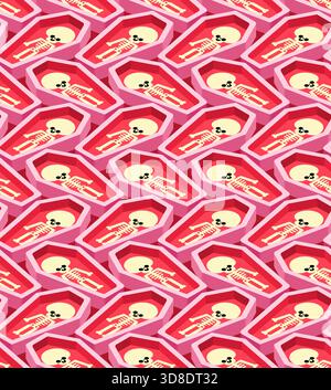 Seamless pattern of cute pink skeletons and coffins. Kawaii gothic vector texture for spooky backgrounds, Halloween fabric, or wrapping paper design. Stock Vector