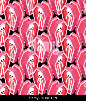 Seamless pattern featuring pink coffins with skeletons. Spooky and quirky Halloween or goth design. Stock Vector