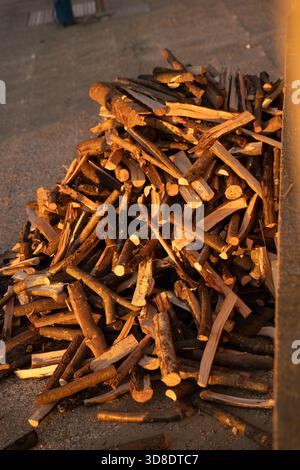 Morning light over stacked logs, sunrise illuminates carefully arranged firewood in alley, dawn breaks over prepared firewood ready for transport or Stock Photo