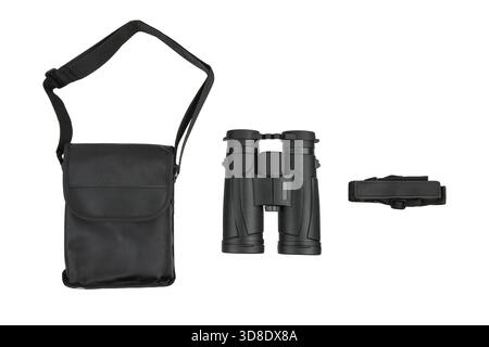 Black compact binoculars set with carrying case and neck strap, isolated on white. Stock Photo