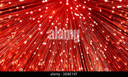 glowing fiber optic cables emitting bright red dots in abstract view for interior look Stock Photo