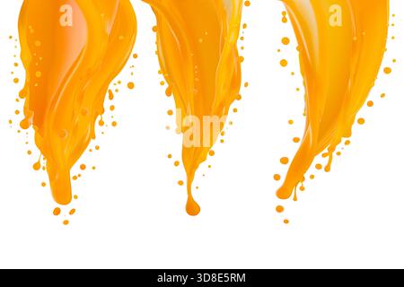 Flows of fresh orange color carrot or mango juice with bright flying drops, splashes of juice, isolated. Set of three streams. Healthy organic drink for detox diet menu, fitness food advertising. Stock Photo