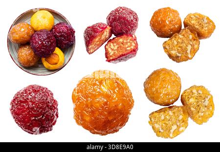 set of various Alani Armenian sweet, made from dried fruits and nuts with addition of honey cutout on white background Stock Photo