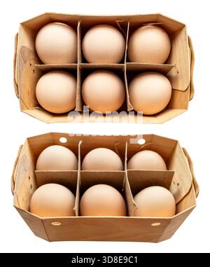 set of country brown chicken eggs in plywood box cutout on white background Stock Photo