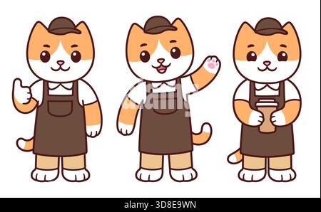 Cute cartoon barista cat mascot set. Coffee shop worker character in uniform holding coffee cup, waving, thumbs up. Vector clip art illustration. Stock Vector