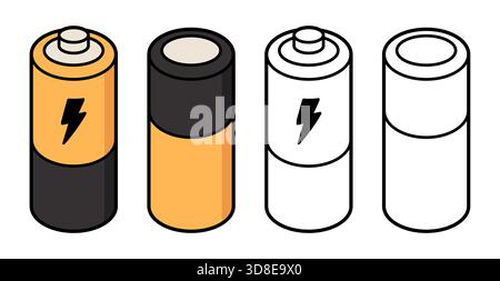 Alkaline AA batteries set, color and black and white line art. Simple cartoon style icon. Isolated vector clipart illustration. Stock Vector