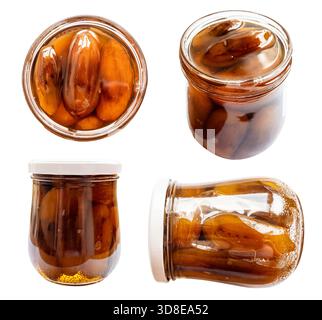 set from glass jars with armenian eggplant jam cutout on white background Stock Photo