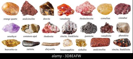 set of pink and brown natural rocks with names cutout on white background (leucosapphire, analcime, rhodonite, chrysotile, dravite, beaverite, vanadin Stock Photo