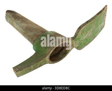 Pick axe with a broken handle and pick covered with green paint or moss isolated on a white background. Stock Photo