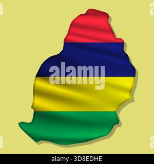 Waving vector abstract flag of Mauritius in map shape with shadow Stock Vector