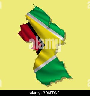 Waving vector abstract flag of Guyana in map shape with shadow Stock Vector