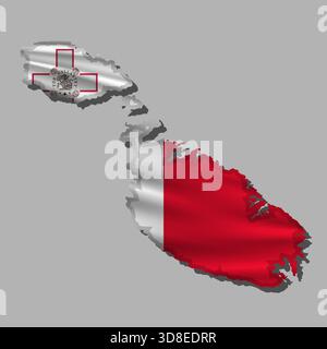 Waving vector abstract flag of Malta in map shape with shadow Stock Vector