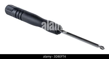 Very small screwdriver with a black handle that is used to reach small parts on a computer or electronics isolated on a white background. Stock Photo