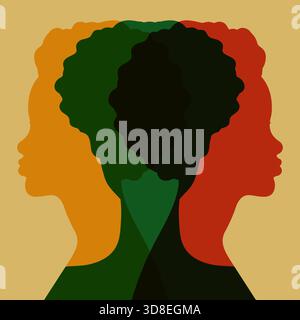 African woman profile silhouettes in red, yellow, green colors. Black history month celebrate. Vector illustration Stock Vector