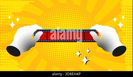 Pop art comic background with hands holding film strip. Retro style movie cinema background with color halftone, dots and rays. Vector illustration Stock Vector