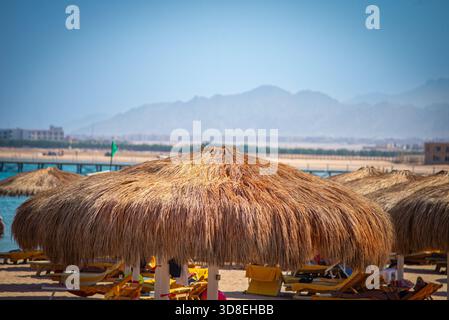 Straw beach umbrellas shade yellow sun loungers on a sandy shore by turquoise water, with a wooden pier, distant buildings and hazy mountains under a Stock Photo