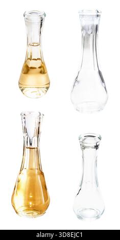 set of traditional serbian flasks chokan empty and with quince rakija brandy isolated on white background Stock Photo