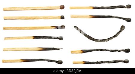 set of various charred household wooden matches isolated on white background Stock Photo