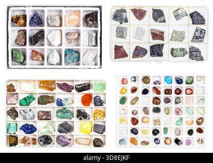 set of various boxes with natural minerals for geological collection isolated on white background Stock Photo