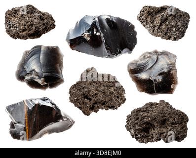 set of various samples of volcanic natural stones isolated on white background Stock Photo